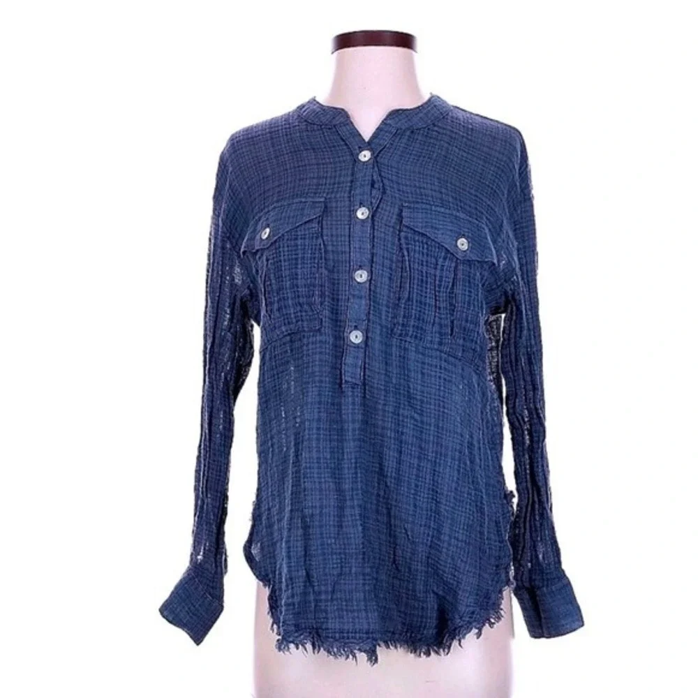 Free People Blue Gauze Tunic Top Long Sleeve Frayed‎ Hem Boho Small